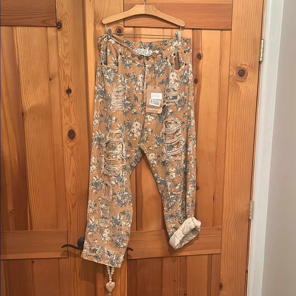 RARE Magnolia Pearl Tan and Blue SILK MINER DENIM Bottoms with Bohemian Flair